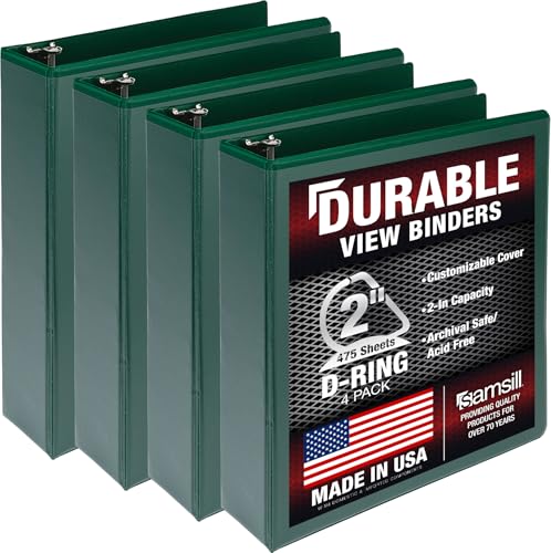 Image of Samsill Durable 2 inch 3 Ring Binder, D Ring Binder, 100% Recycled Chipboard, Green, 4 Pack