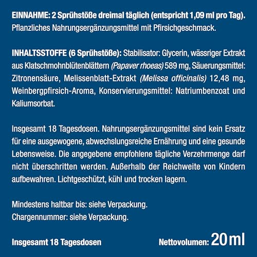 Anti-Stress Spray mit Sofort-Effekt - Gegen Innere Unruhe und Anspannung - Mit Mohnblume + Melisse für die Nerven, 20 ml - Pfirsichgeschmack - Nutrimea
