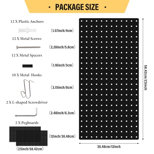 Image of DEWEL Peg Board 2 Pack, 23x12 Inch Metal Pegboard Panels with Hooks, Black Heavy Duty Wall Organizer System for Garage Tool Storage, Workshop, Office and Craft Room(2pcs black)