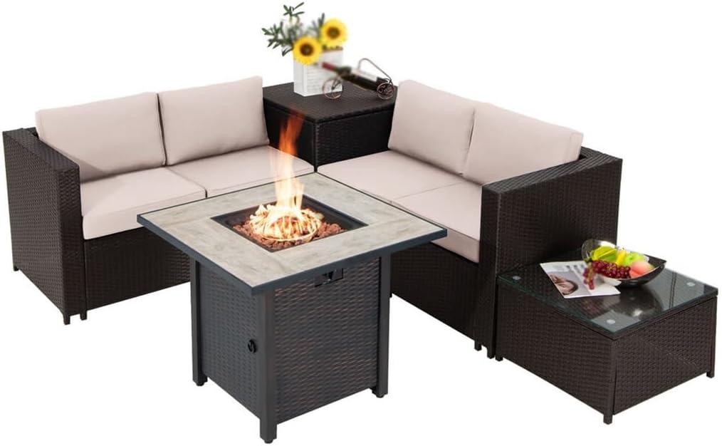 5 PCS Patio Rattan Furniture Set 30" Fire Pit Table W/Cover Cushion Beige