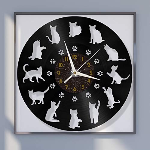 Horloge Murale Vinyle Chat de 12 Pouces au Mouvement Silencieux Noir