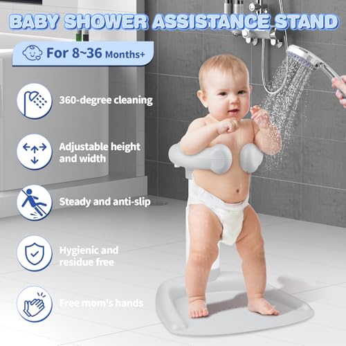 Image of Baby Shower Stand, Adjustable Anti-Slip Baby Shower Standing Support, Soporte para Banera de Bebe, Ideal Gift for Infants 8-36 Months (Grey)