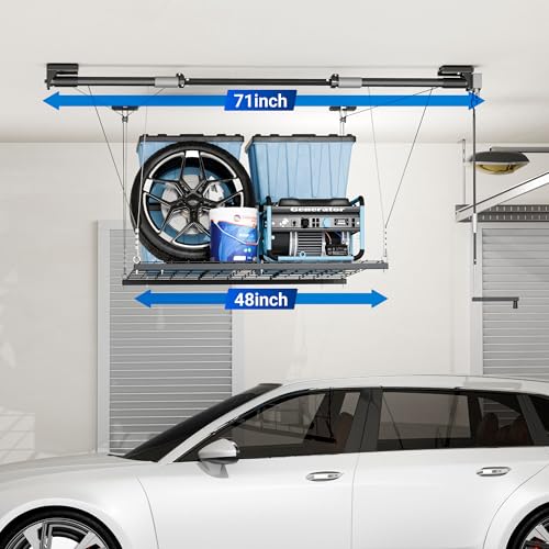 FLEXIMOUNTS GL1 Overhead Garage Lifting Storage Rack, 4x4 Ft Heavy-Duty Metal Garage Ceiling Rack, Adjustable Organization System With 71''L Axle, 300lbs Weight, Black