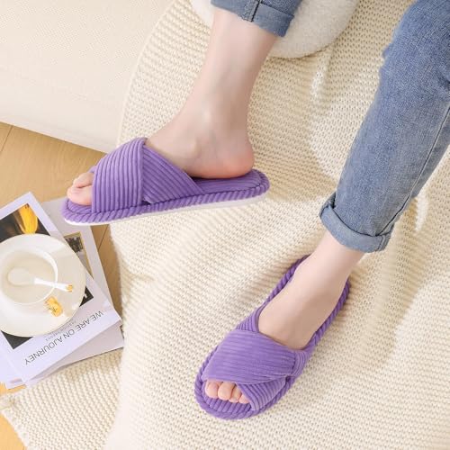 Image of Evshine Summer House Slippers for Women Corduroy Cross Bow Indoor Slippers Open Toe Slip On Bedroom Shoes with Memory Foam