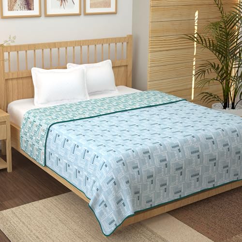 Image of Story@Home AC Comforter King Size Cotton 100%| 150GSM 225 x 240CM Quilt AC Blanket for Summer| AC Comforter Double Bed | Dark Cyan Blue & Light Blue, Aztec Reversible Design Duvet | All-Season Blanket
