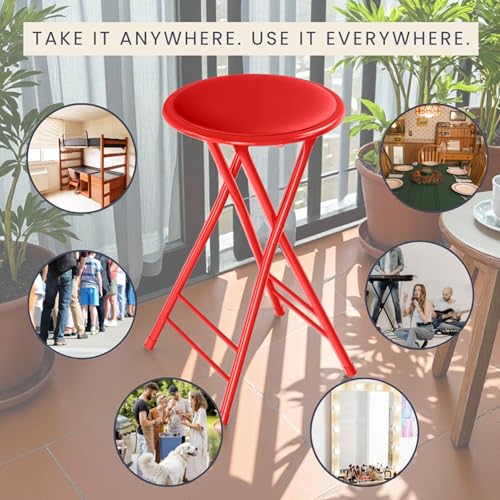 Image of Lavish Home Folding Stool with Padded Backless Seat Set of 4, Red, 24 inch | Counter Height Bar Stools with 225lb Capacity, Portable Indoor & Outdoor, Extra Seat for Kitchen, Rec Room or Camping