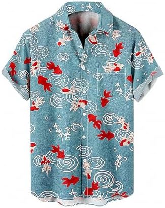 Stabbon New Arrival!! Men's Short Sleeve Hawaiian Shirt, Beach Shirt, Large Sizes, Breathable, Comfortable, Stylish, Goldfish, Floral Pattern, Japanese-Style, Festival, Fireworks, Soft, Loose Fit