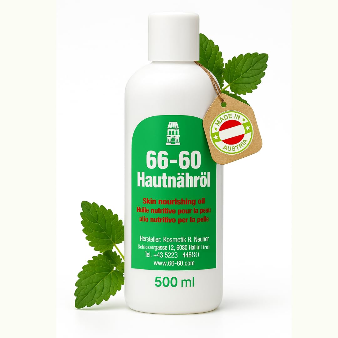 66-60 Hautnähröl die sanfte Pflegeemulsion mit reichlich Vitamin E - Hergestellt in Tirol - 500 ml - für alle Hauttypen geeignet -inkl. Spender - Vitamin E Öl - Hautöl Natur