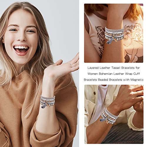 Leather Cuff Bracelet For Women Tree Beaded Bangle Bracelet Magnetic Clasp Wrap Bracelet Bohemian Wristband Jewelry Gift For Women(Grey Leather) #TOP2
