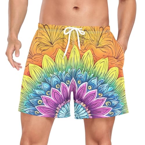 Mens Swim Trunks with Liner, Colorful Florals Middle Cool Quick Dry Beach Swim Shorts, Swimwear Bathing Suits S
