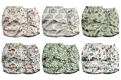 Image of Mama Koala 2.0 Baby Cloth Diapers with AWJ Lining and Tummy Panel, Washable Reusable Pocket Diapers, 6 Pack with 6 Natural Diaper Inserts (Dino Roar)