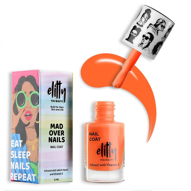 Elitty Nail Polish For Women, Long Lasting Nail Coats, 12 Toxin Free, Infused with Witch Hazel, Vit E, Vegan & Cruelty Free, Glossy -Juicy Gossip (Orange), 6 ML