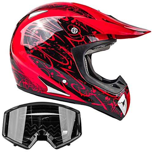 Typhoon Adult Dirt Bike Helmet & Goggles ATV Motocross DOT, Red w/Black (Medium)