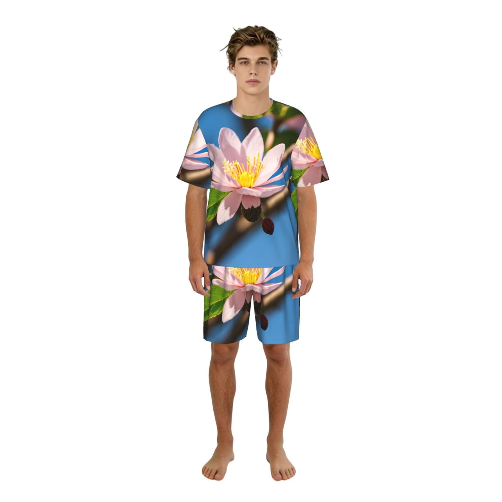 Conjunto de pijama clásico con estampado de flor de almendro rojo para hombre, pantalones cortos de pijama suaves para hombre, perfecto para las noches de verano