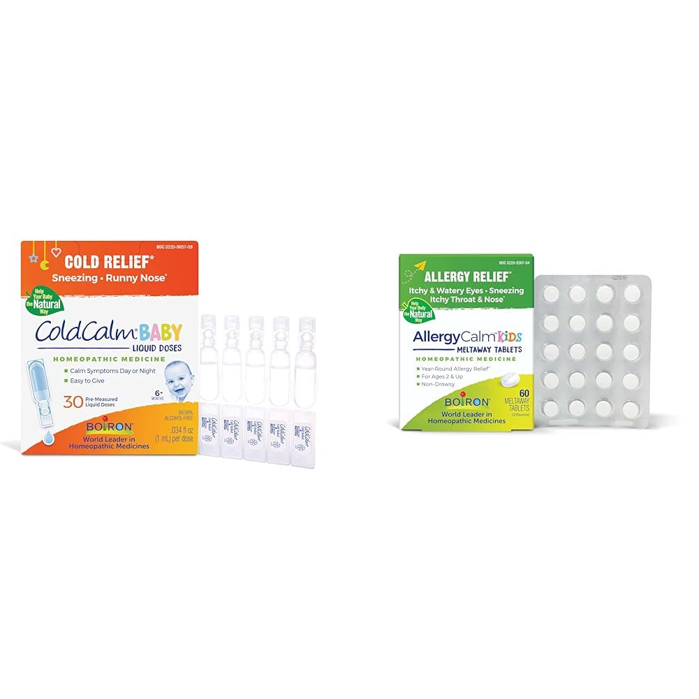 Boiron ColdCalm Baby Drops for Cold Symptoms and AllergyCalm Kids Tablets for Allergy Symptoms - 30 Count Liquid Doses and 60 Count Tablets