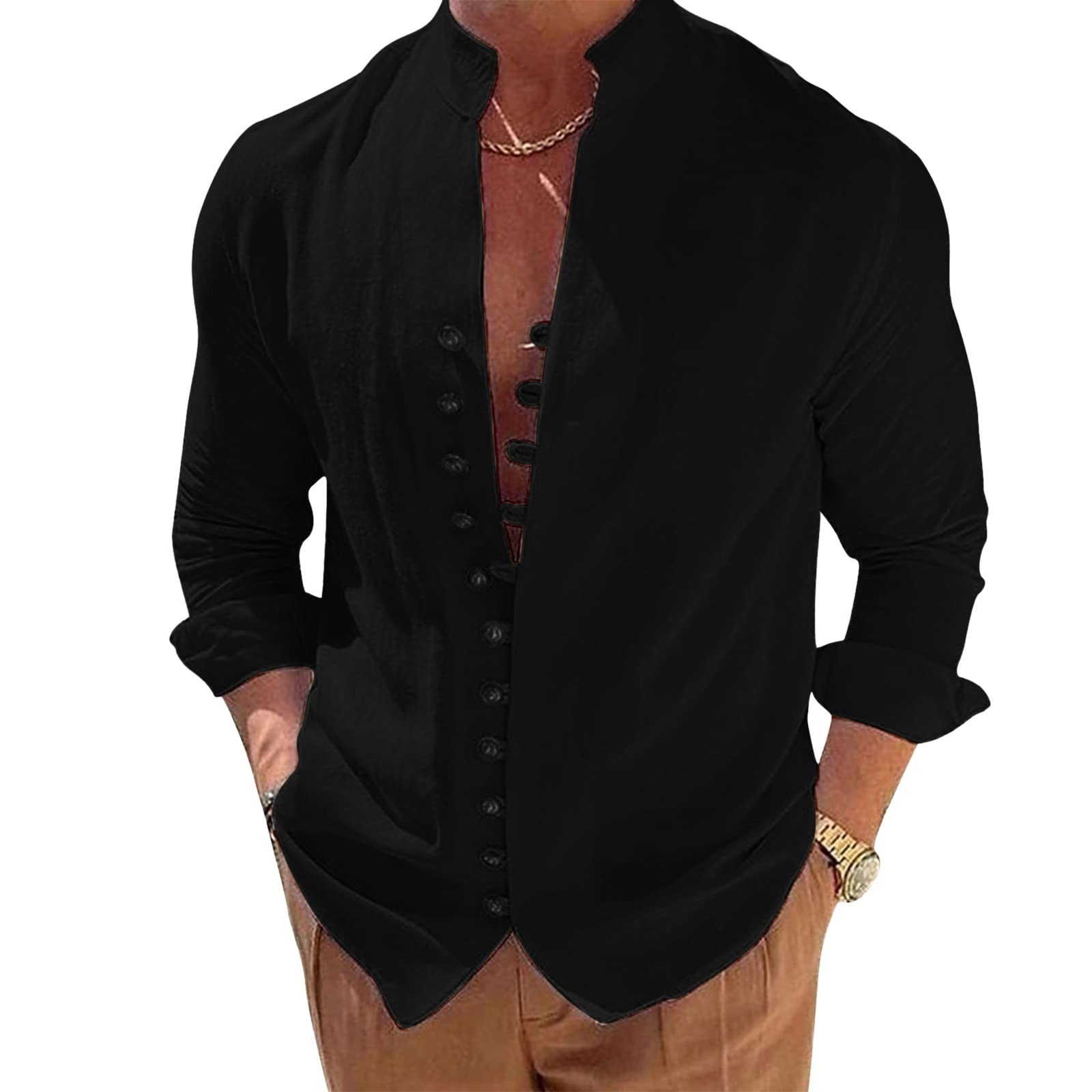 NIBESSER Camisa Lino Hombre Manga Larga Camisa Verano Hombre Casual Camisa Cuello Mao Hombre con Botones Color Sólido Transpirable para Vacaciones Playa