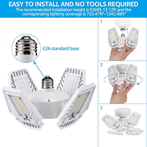 Torchstar Led Garage Lights, 100W Deformable 4 Panels 12000Lm Garage Ceiling Light, Ul Listed, Adjustable E26/E27 Base Aluminum Lighting For Barn, Basement, Workshop, 5000K Daylight, White #TOP1