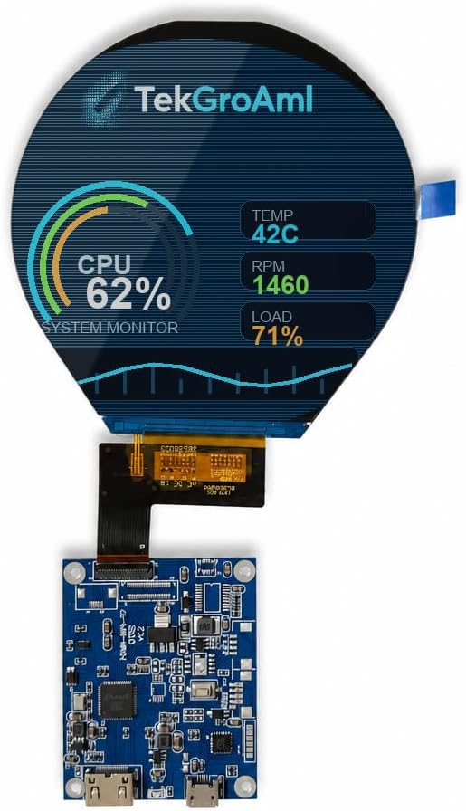 TekGroAml 3.4 Inch Round LCD Display with H/D Controller Board, 800x800 IPS Circular Screen, for PC Sensor Panel, Flight Sim Dashboard, Windows Compatible