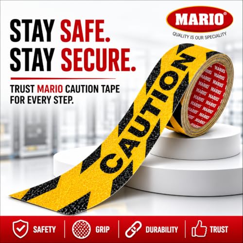 Image of Mario Caution Anti Skid Anti Slip Tape 50mm (2 Inch) x 5m | High Traction Waterproof Safety Grip Tape for Stairs, Ramps, Warehouse, Factory, Parking & Loading Areas | Indoor Outdoor Slip Resistant
