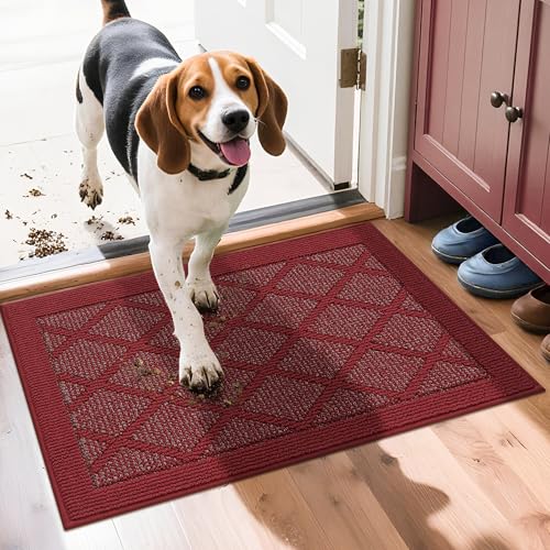 COSY HOMEER Non-Slip Door Mat 20"x32", Entryway Rugs Low Profile Absorbent Dirt Trapper Doormat for Front Entrance, Washable Polypropylene Entry Mat (Red) Red 2'8" x 1'8" (Rectangular)