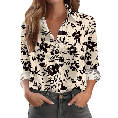 Women Blouses Long Sleeve Womens Button Down Shirts Long Sleeve Cotton Gauze Tops Casual Collared Blouses Loose Fit I-Beige XX-Large