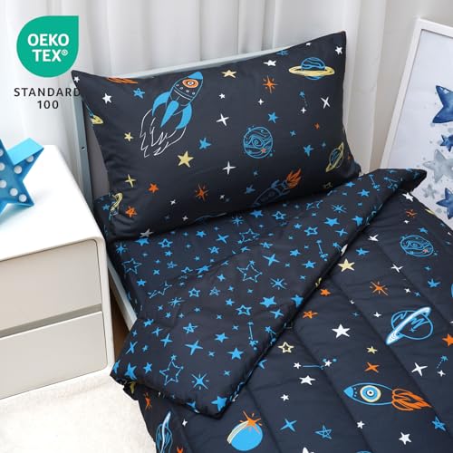 Image of david's kids 4 Piece Toddler Bedding Set - Soft Breathable Toddler Bedding Set for Boys Girls, Includes Quilted Comforter, Flat Sheet, Fitted Sheet and Pillowcase, Space