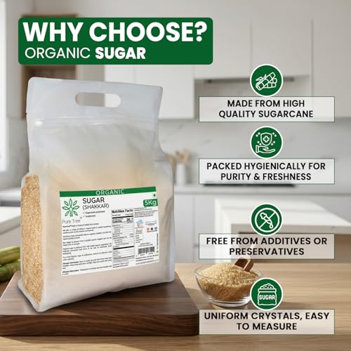 Image of Pure Tree Certified Organic Sugar | 5 Kg / 5000 g | Sulphurless Cheeni, Shakkar | Gluten-Free Chini Processed From Sugarcane