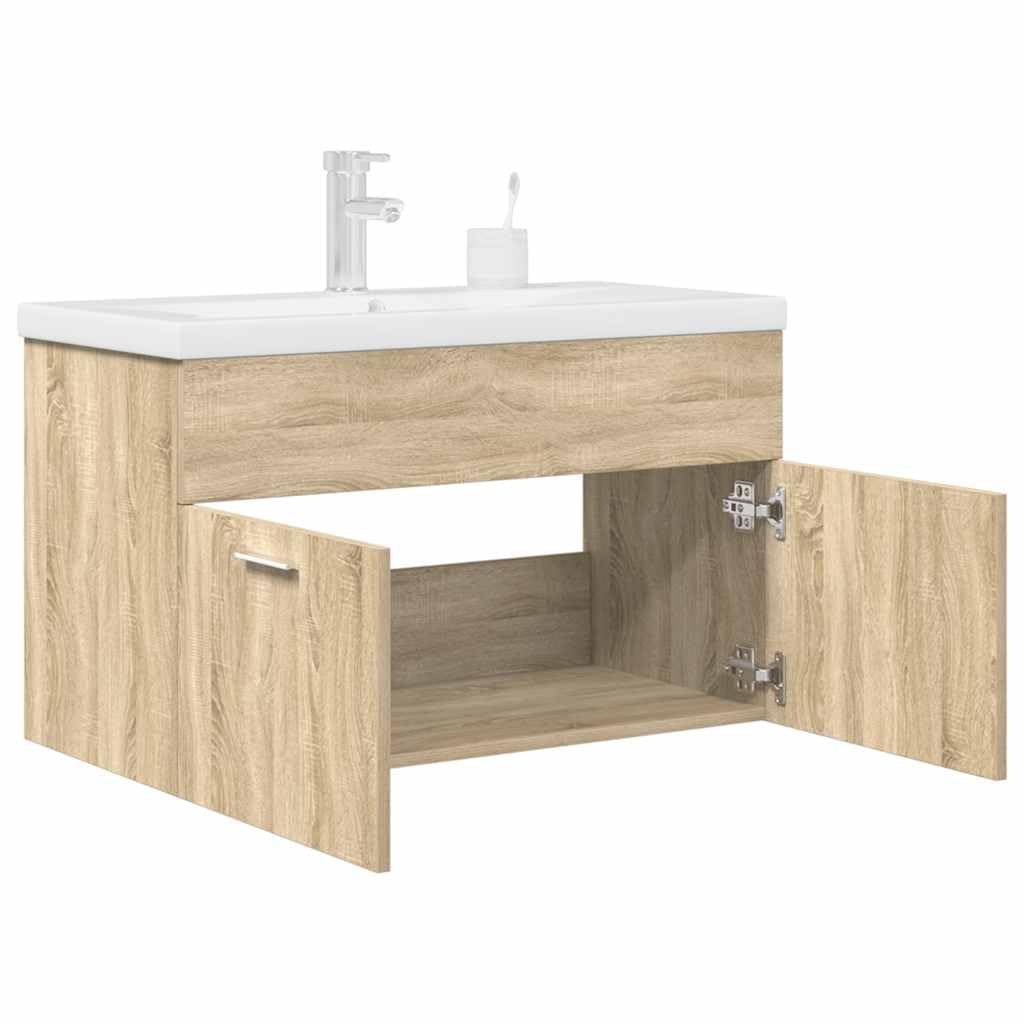 Mueble bajo lavabo para baños pequeños con lavabo empotrado y grifo de pared