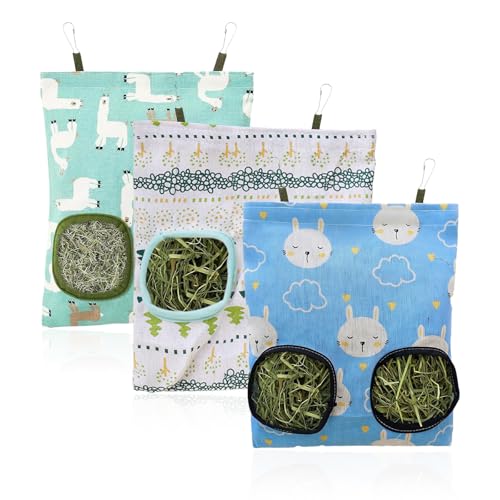 3 Stück Heutasche Kaninchen Klein, 2 Löcher Meerschweinchen Heutasche Kaninchen 28x25 cm Hängender Futtersack für Hasen Chinchillas Hamster Kleine Haustiere und Tiere
