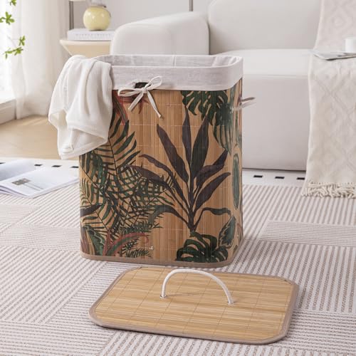 Image of HOKIPO Eco-Friendly Foldable Bamboo Laundry Basket Hamper with Lid, Large - 60 Liter, Ficus Leaves (AR-5749), Multicolor