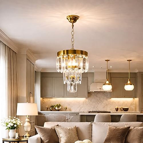 Image of Round 160mm Crystal Chandelier for Home Decor | Jhumar for Ceiling Decoration | Golden jhoomer for Home & Office | (LED Light Included)