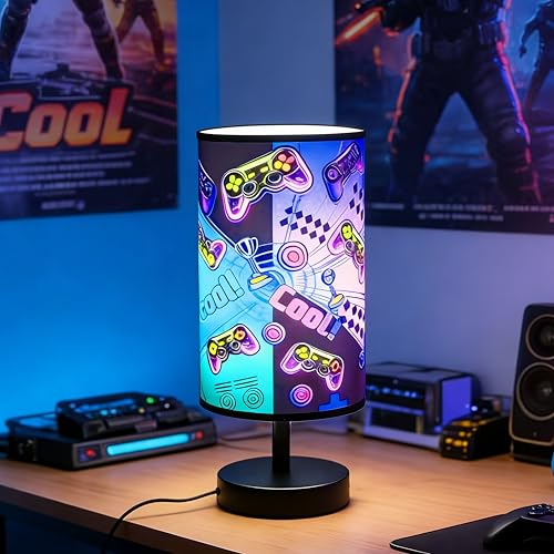 OEWWSKK Gamer Room Decor for Boys Gaming Lamp 3 Colors Nightstand Light Round Base Flaxen Fabric Desk Lamp for Kids Room Gaming Lamp Gift for Boys with LED Bulb Included