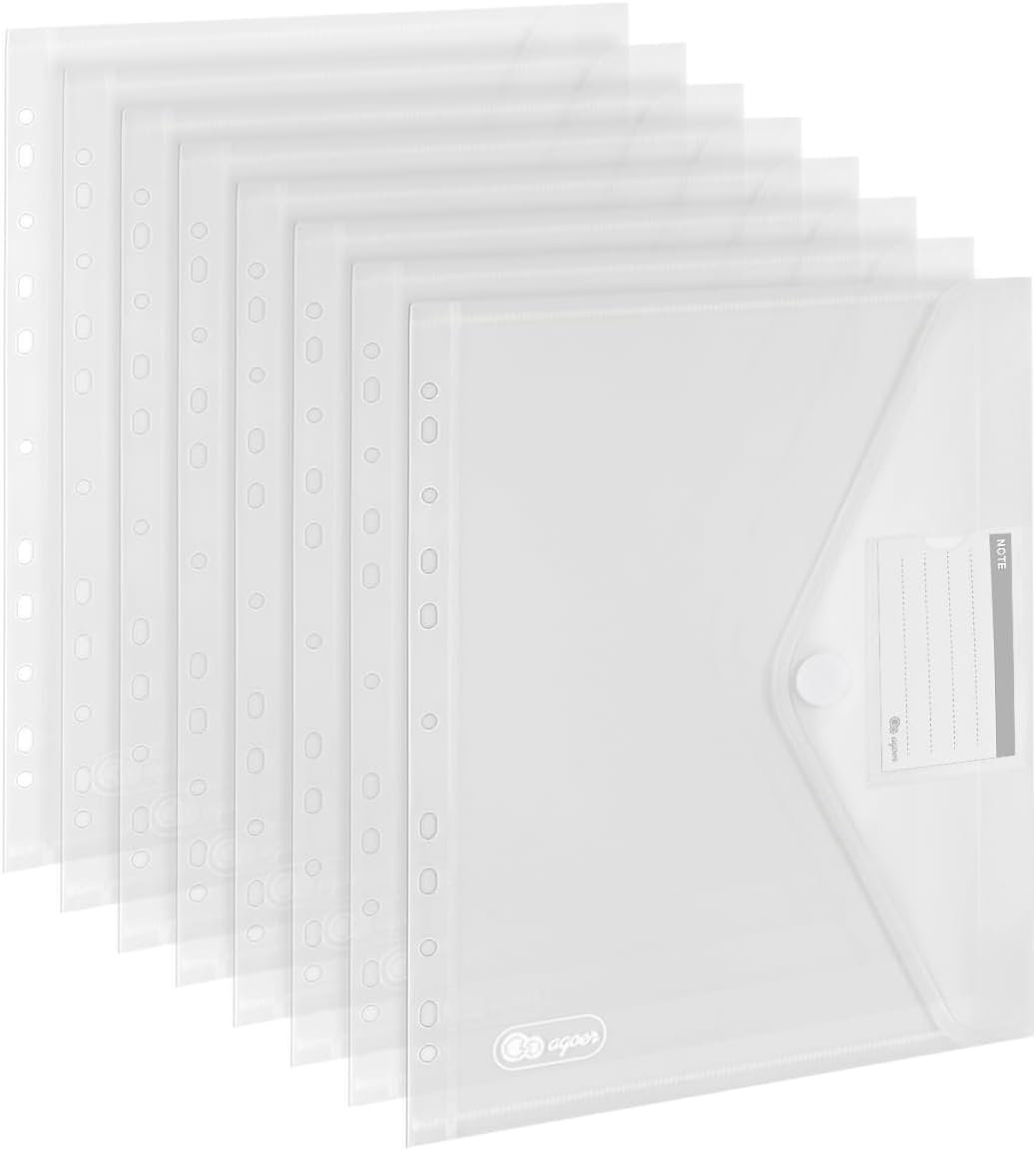 20 Packs Punched Pockets A4 Clear Plastic Wallets Binders Folders, Envelope Wallets with 11 Holes, Document Binder Pocket Pouches with Hook and Loop Closure, Label Pocket for School Office