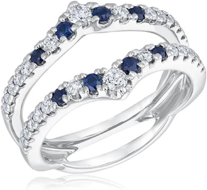 Generic enhancer wraps Ring,Blue Sapphire & cubic zirconia Round Ladies Anniversary Wedding Band enhancer,Ring guard enhancer wrap Double Ring 14K White Gold Over