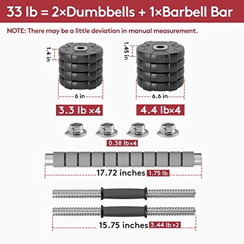 RUNWE Adjustable Dumbbells Barbell Set of 2, 33 40 50 70 90 100 lbs Free Weight Set with Connector Fitness Workout Exercises for Beginner Pro Home Gym (33 lbs (16 Dumbbells Pair + 1 Barbell Bar))