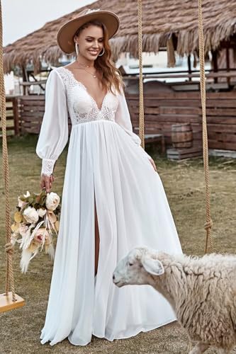 Lorencia Women's Long Sleeve V Neck Lace Beach Wedding Dresses 2025 Empire Waist A Line Chiffon Bridal Gowns for Bride LN0032
