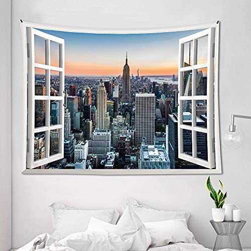 Ambzek New York Skyline Tapestry City 51Hx59W Inch Window Decor Wall Tapestry For Bedroom Aesthetic For Men Women Teen Sunset Buildings Business Center Art Wall Hanging Living Room Dorm Decor Fabric #TOP1