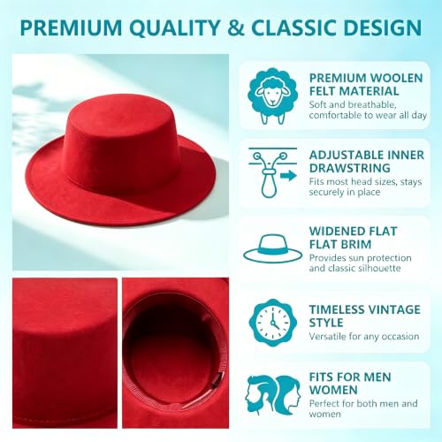 Image of Fedora Flat Hat Classic Wide Brim Cap Panama Style Jazz Hat for Wedding Party Talent Performance Xmas Gift Unisex