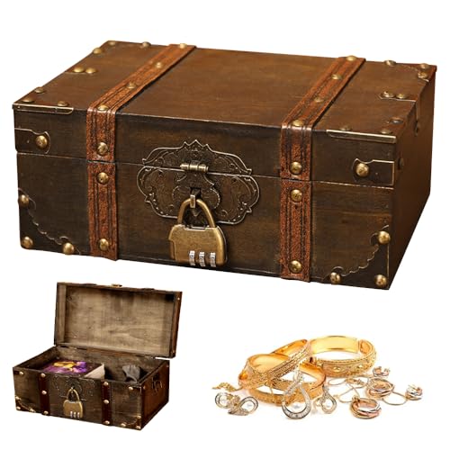 DAJASD Coffre au trésor en bois vintage - 23 x 16 x 9,5 cm - Avec serrure et clé - Pour ranger et décorer - Gris