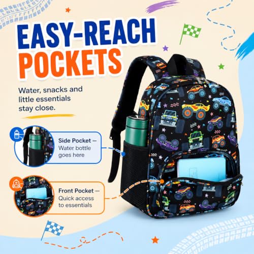 Image of LOIDOU Kids Preschool Backpack for Boys, 15 Inch Monster Truck School Bag, Lightweight Water-Resistant Kindergarten Backpack with Chest Strap for Ages 3-6