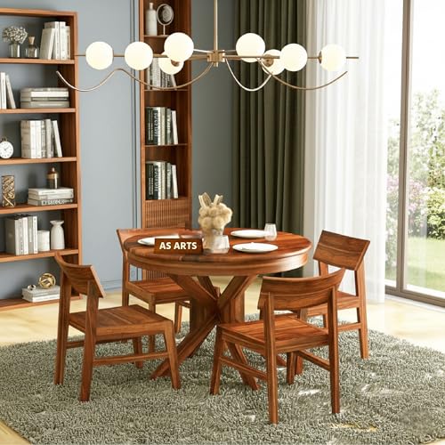 Image of AS Arts Sheesham Wood Dining Table Set of 4 | Round Dining Set of 4 Seater Wooden | Solid Wood Dining Set with Chairs | Honey Finish