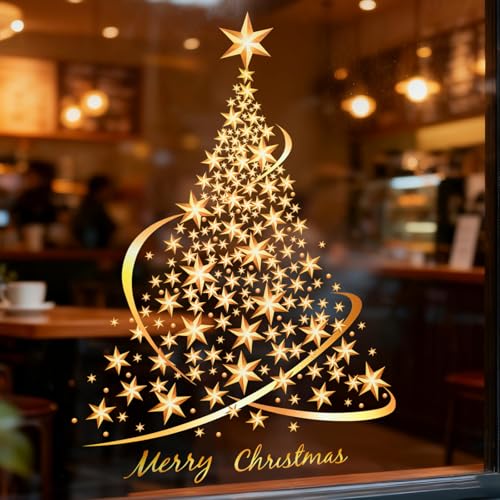 Weihnachtsbaum-Fensteraufkleber, Goldene Weihnachtsbaum Fenster Clings...
