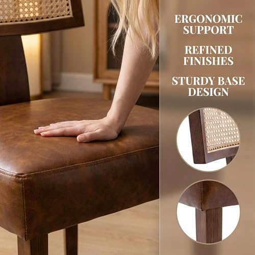 Image of HNY Mid Century Modern Rattan Dining Chairs Set of 6, Farmhouse PU Leather Upholstered Accent Chair Curved Backrest Kitchen Chairs, with Hardwood Frame, Brown