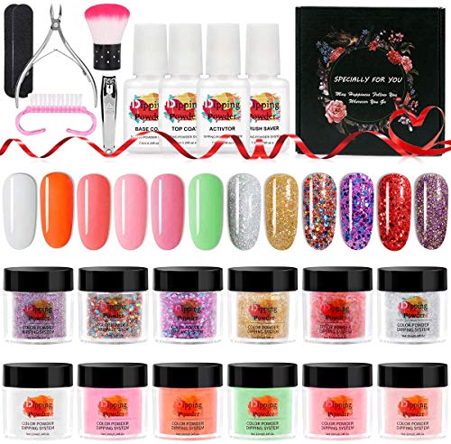 Dip Powder Poudre, TopDirect Dip Nail Powder Kit 12 Couleur, Poudre Acrylique pour Ongles, Poudres et Liquides Acryliques pour Ongles avec Base, Activator, Top and Brush Saver, Pas Besoin Lampe UV/LED