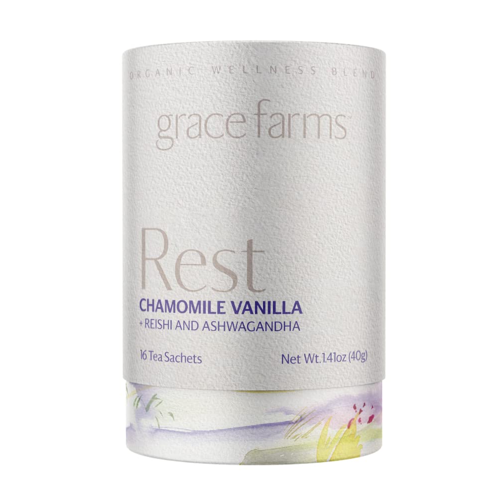 Grace Farms REST Wellness Organic Tea Blend (16 Pyramid Sachets) | Sleep and Stress Support For Evening | Chamomile Vanilla Tea with Adaptogenic Herbs and Mushrooms | Fairtrade...