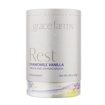 Grace Farms REST Wellness Organic Tea Blend 16 Pyramid Sachets | Sleep and Stress Support For Evening | Chamomile Vanilla Tea with Adaptogenic Herbs and Mushrooms | Fairtrade and Kosher