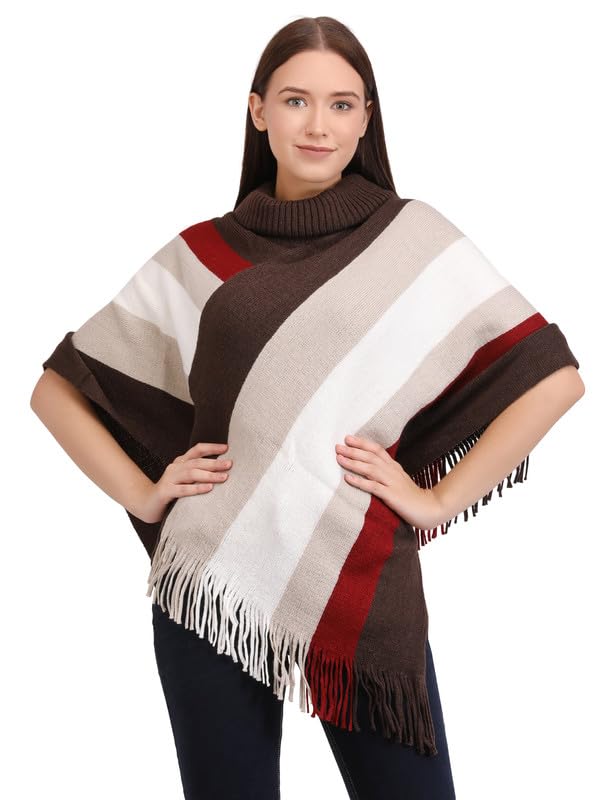 MANRA Women's Casual High Neck Striped Woolen Poncho for Winter (SC 09 HIGH NECK/BROWN-WHITE/FREE)-picture-21