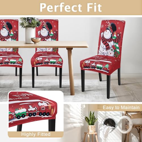 Image of SearchI Christmas Chair Covers Set of 6, Stretch Xmas Kitchen Chair Cover Removable Washable Holiday Parsons Chair Slipcovers for Dining Room, Christmas Decoration, Ceremony(Christmas-Snowman)