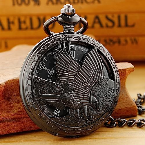 Image of Men's Black Arabic Numerals Mechanical Pocket Watch with Chain,Mechanical Pocket Watches for Men