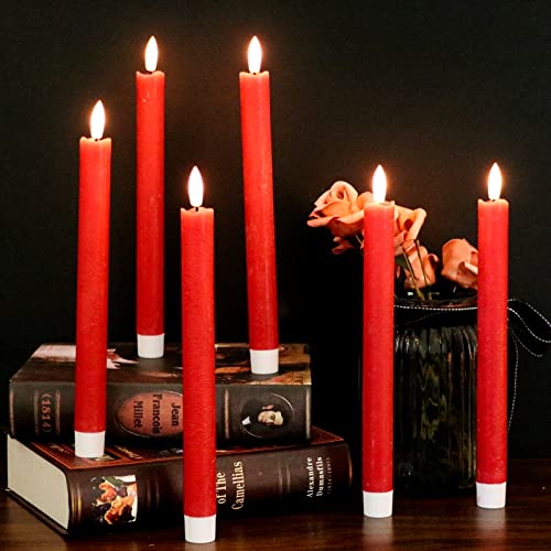 Image of GenSwin Flameless Red Taper Candles Flickering with 10-Key Remote, Battery Operated Led Warm 3D Wick Light Window Candles Real Wax Pack of 6, Christmas Home Wedding Decor(0.78 X 9.64 Inch)